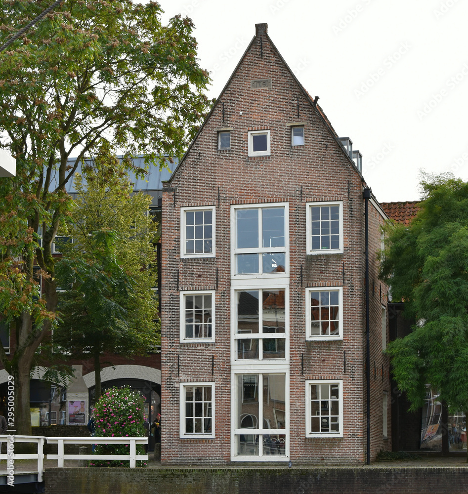 Canals, ships and old houses in the Netherlands. City Zwolle.