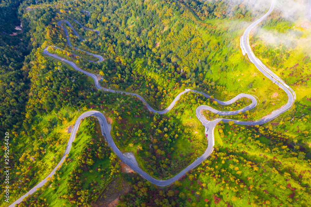 秋季山路蜿蜒鸟瞰图