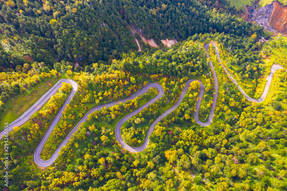 秋季山路蜿蜒鸟瞰图