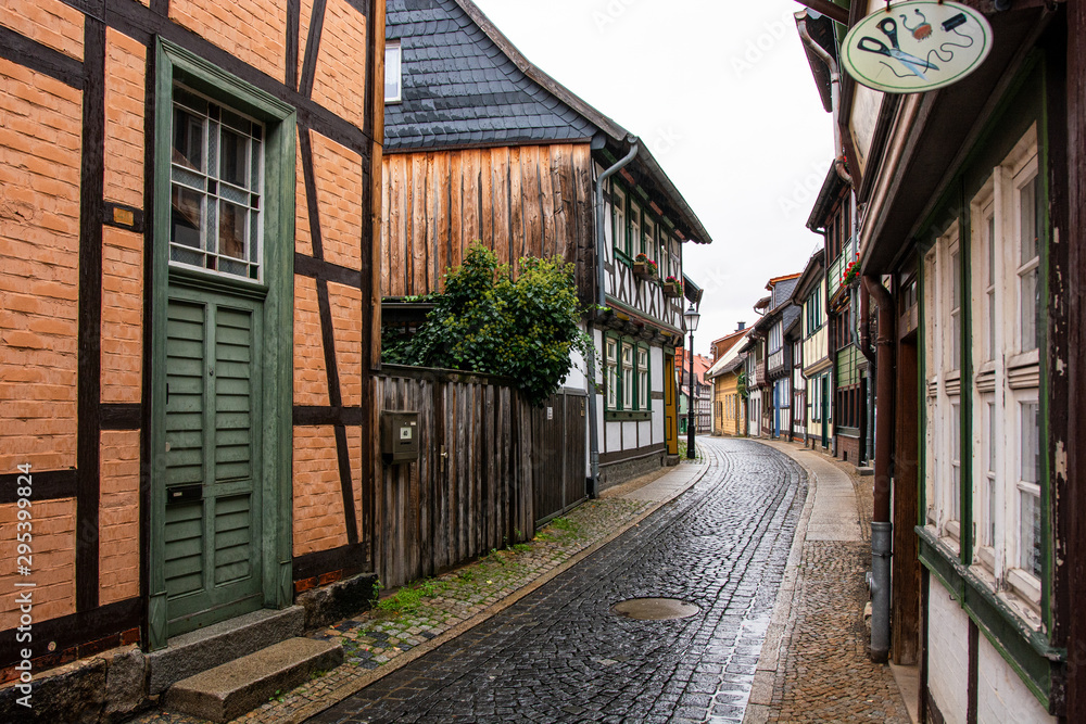 Medieval street in the old town of Wernigerode (Harz/Germany) on a rainy da