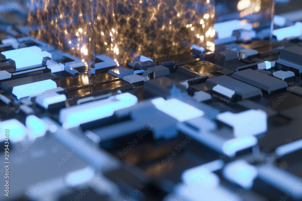 Circuit board with glowing cube and lines, 3d rendering.