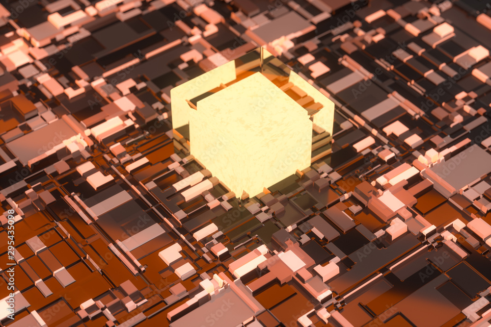 Circuit board with glowing cube and lines, 3d rendering.