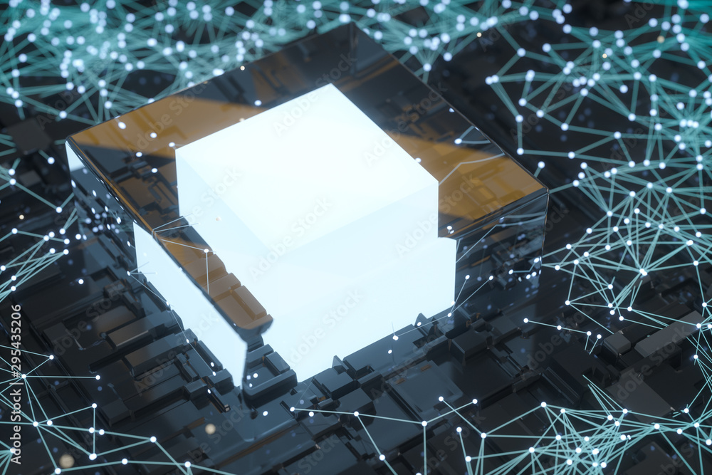 Circuit board with glowing cube and lines, 3d rendering.