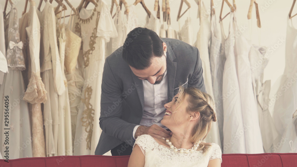 Happy bride and groom in wedding dress prepare for married in wedding ceremony. Romantic love of man