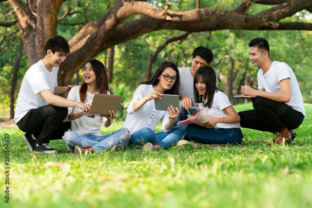 在大学或学校的公园里学习小组项目的年轻学生团队。学习快乐