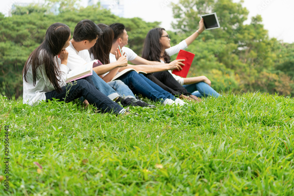 一群年轻学生在大学或学校的公园里参加集体项目学习。学习快乐