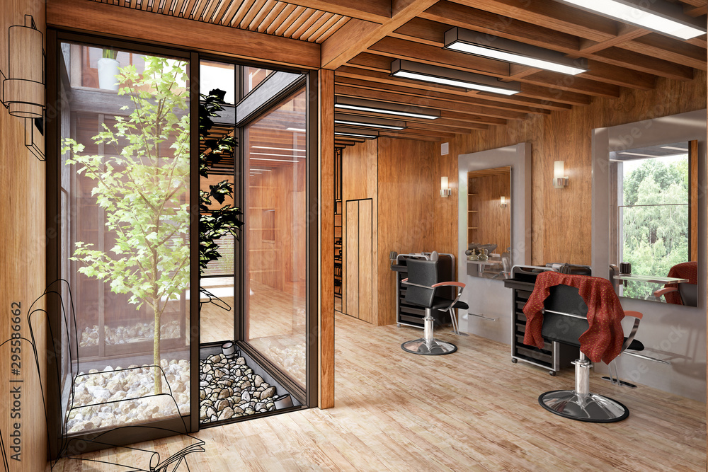 Hair Salon Designed in Wood (preview) - 3d illustration