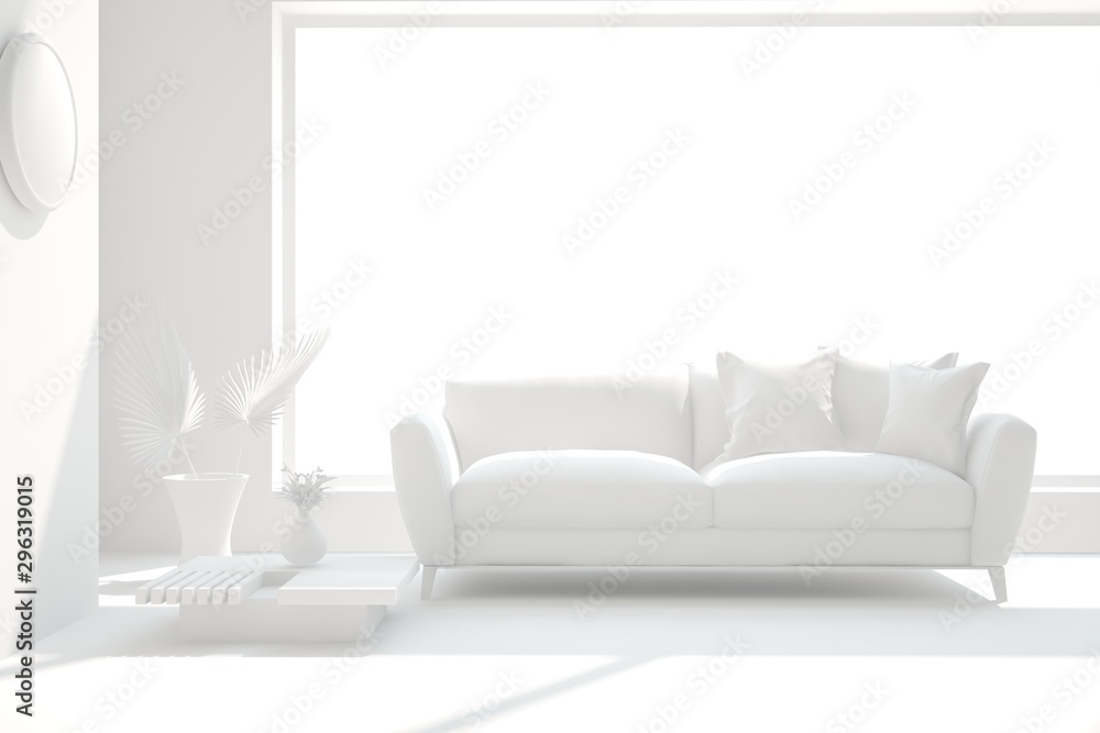 Mock up of stylish room in white color with sofa. Scandinavian interior design. 3D illustration