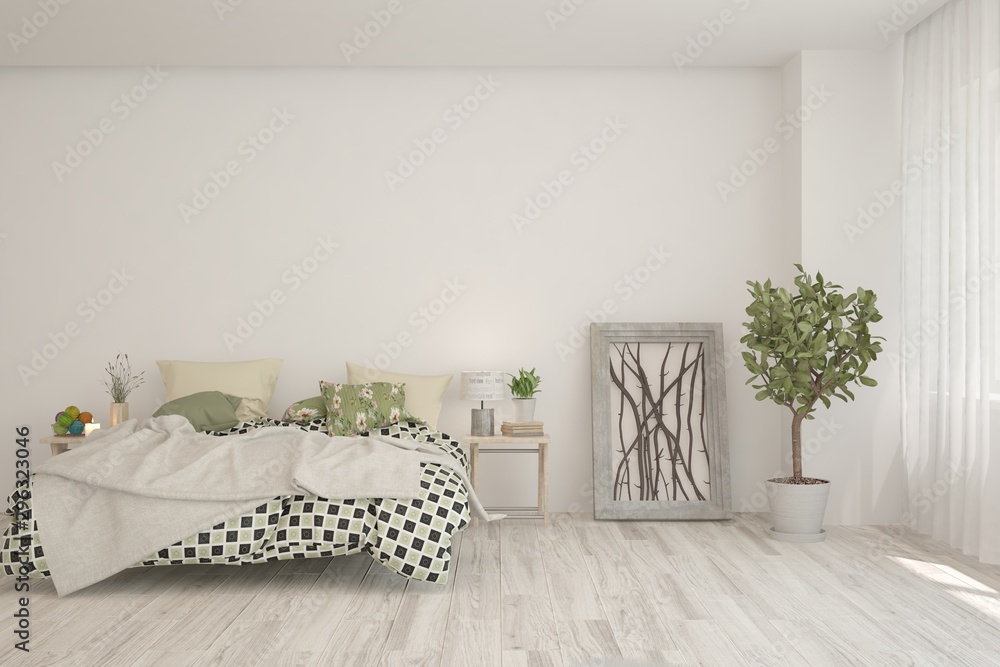 Stylish bedroom in white color. Scandinavian interior design. 3D illustration