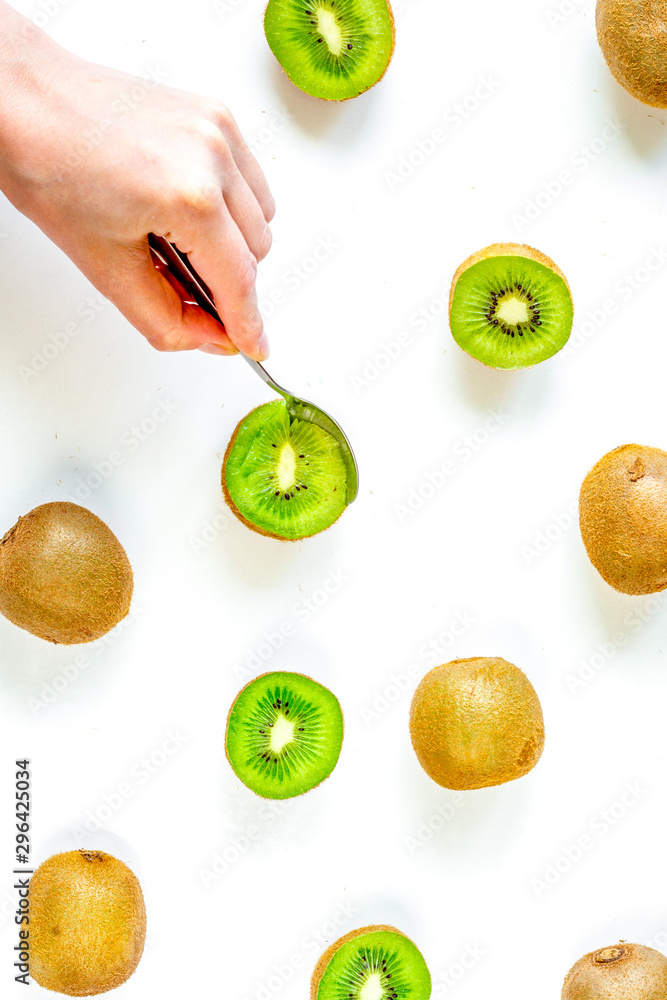 healthy food with kiwi on white desk background top view pattern