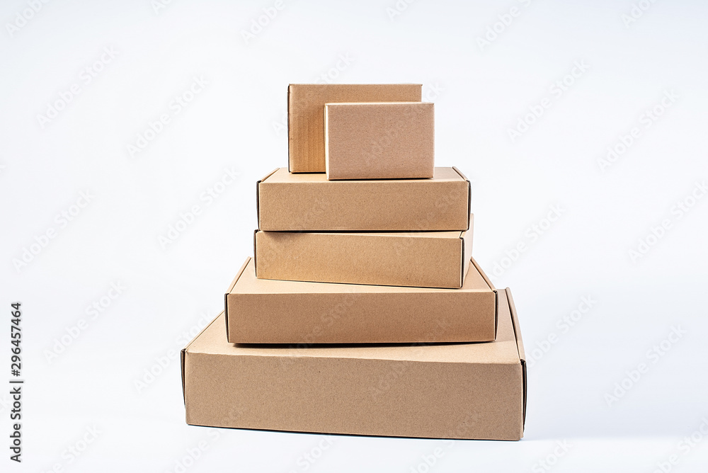 Bunch of blank courier box paper boxes on white background