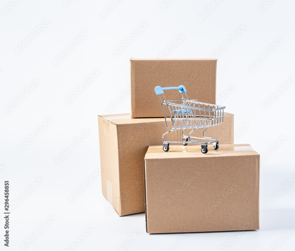 Bunch of express box paper boxes and shopping cart on white background