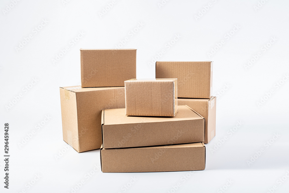 Bunch of blank courier box paper boxes on white background