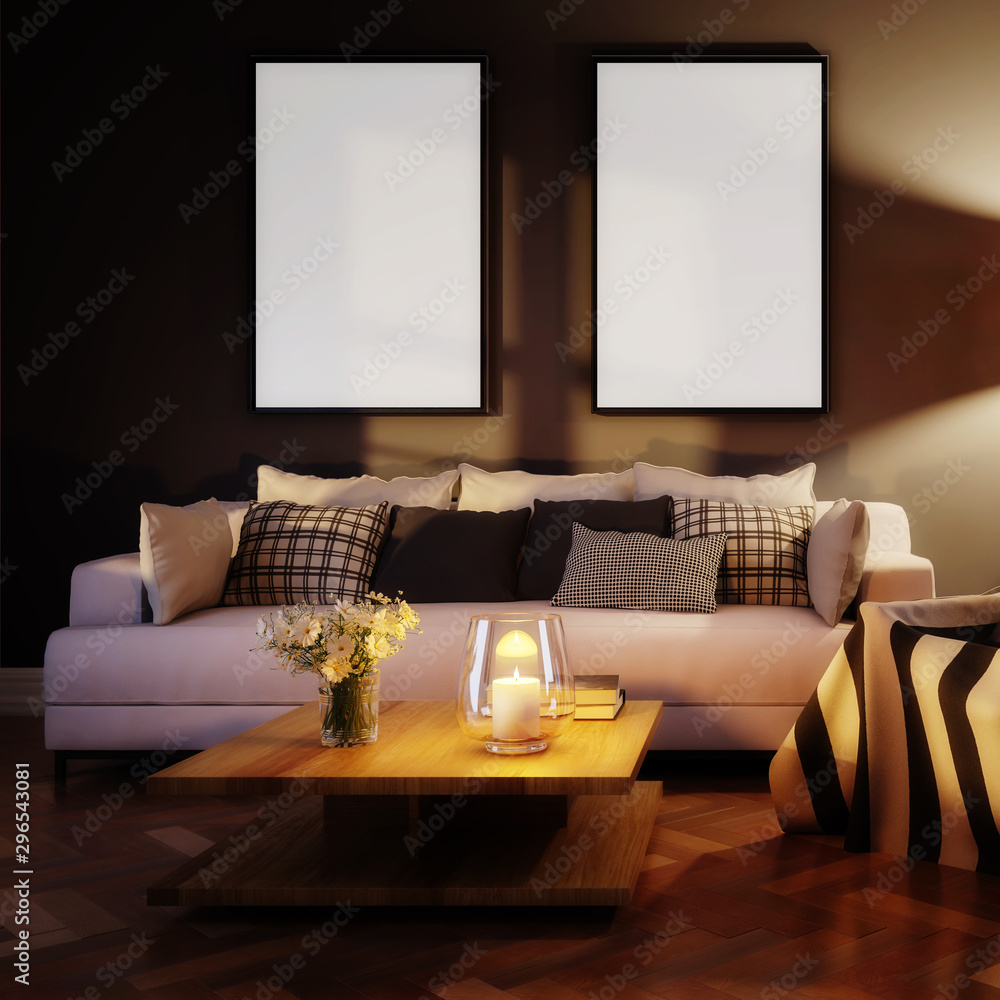 Cute living room interior with mockup frames by evening (detail) - 3d illustration