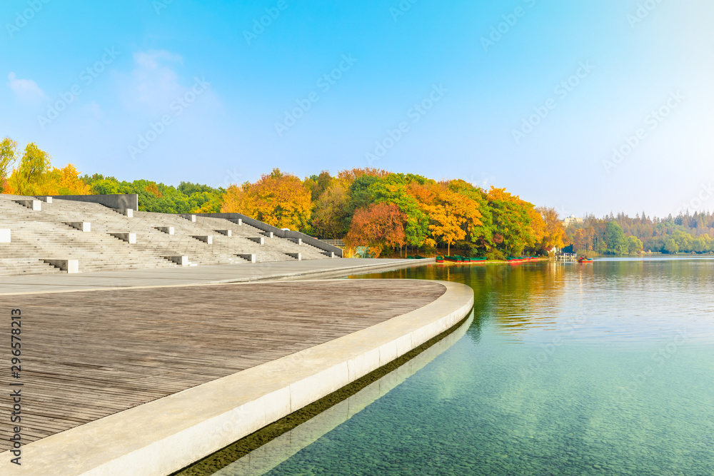 城市公园里空旷的木板广场和美丽的彩色森林