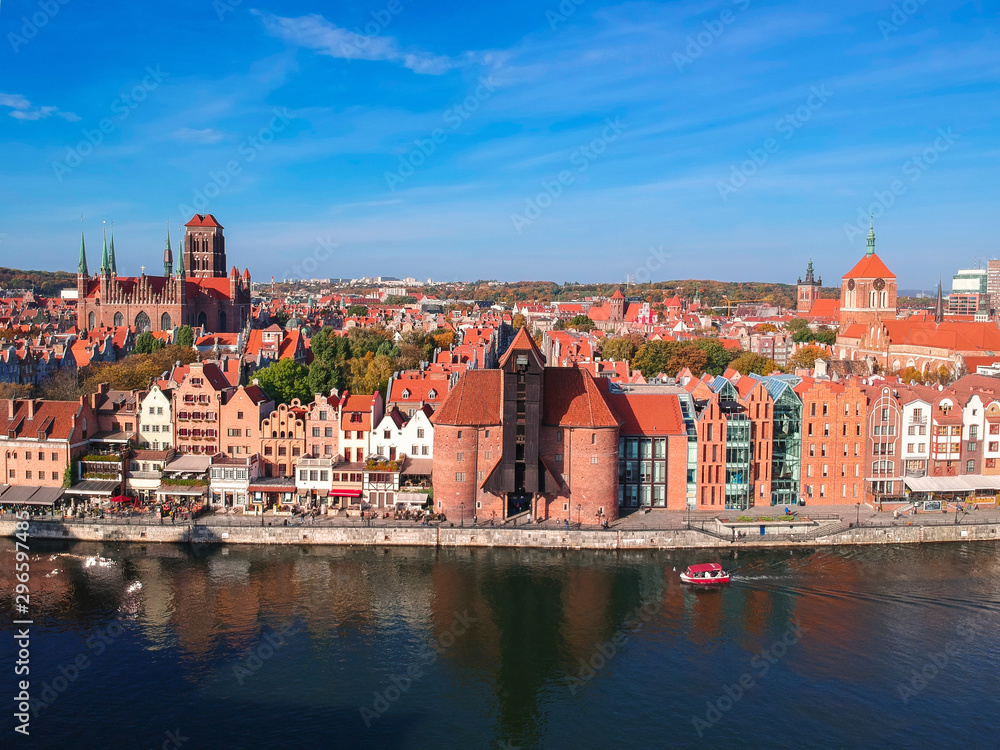 Aerial view of the old town in Gdansk over Motlawa river, Poland