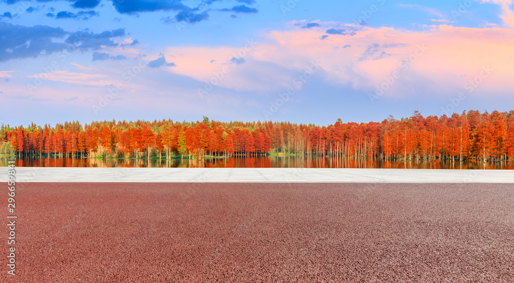 Empty square floor and beautiful colorful forest in autumn