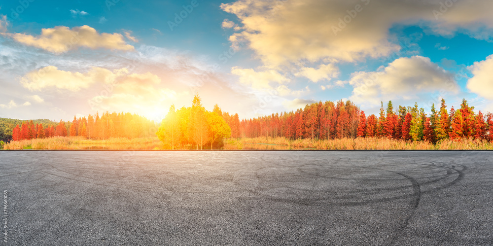 空旷的赛道场地和美丽多彩的秋季森林景观