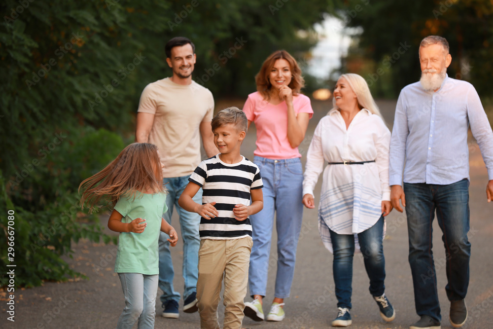 Big family walking in park