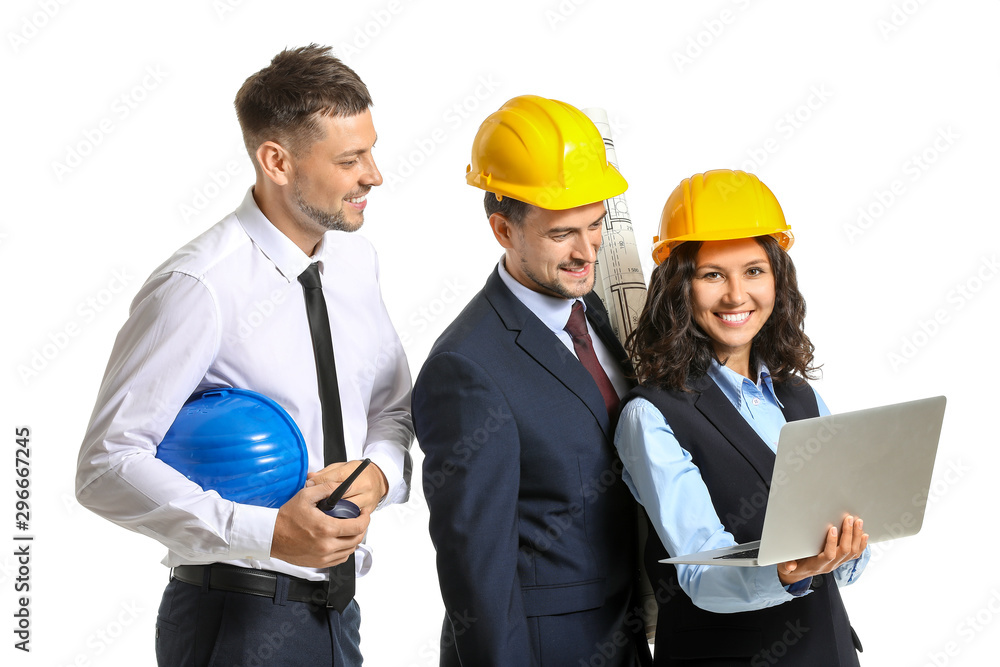 Portrait of architects with laptop on white background