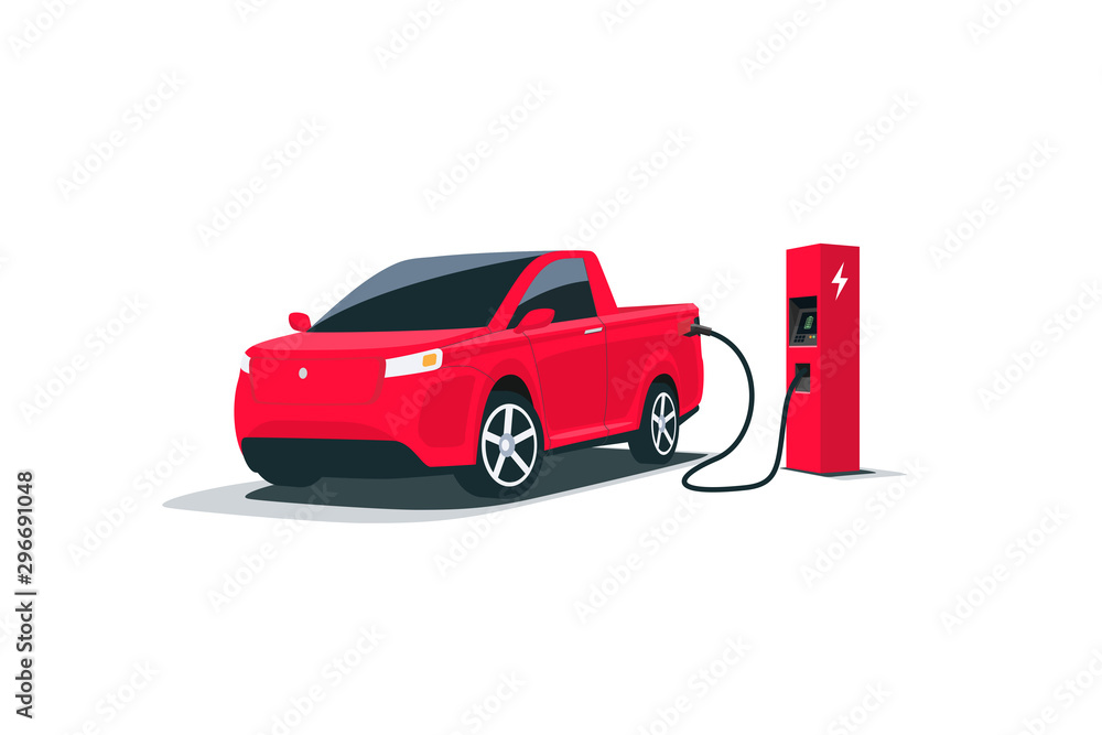 Modern electric smart suv pickup truck car charging parking at the charger station with a plug in ca