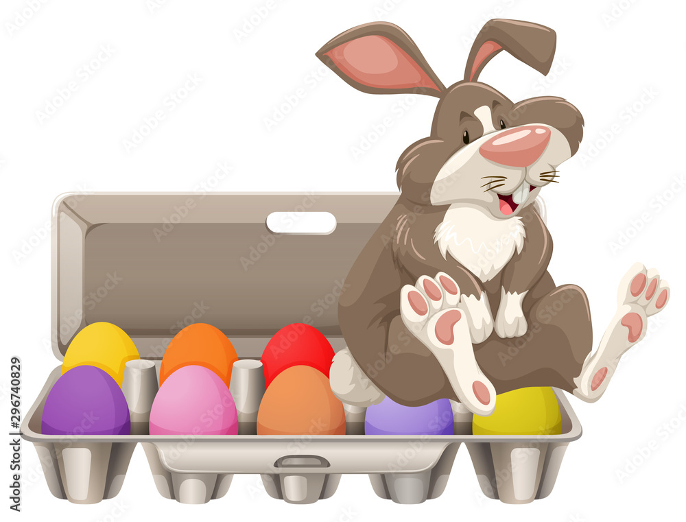 Gray bunny with colorful eggs