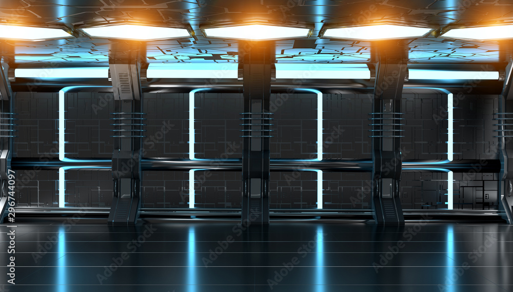 Dark blue spaceship futuristic interior with tech wall panel 3d rendering