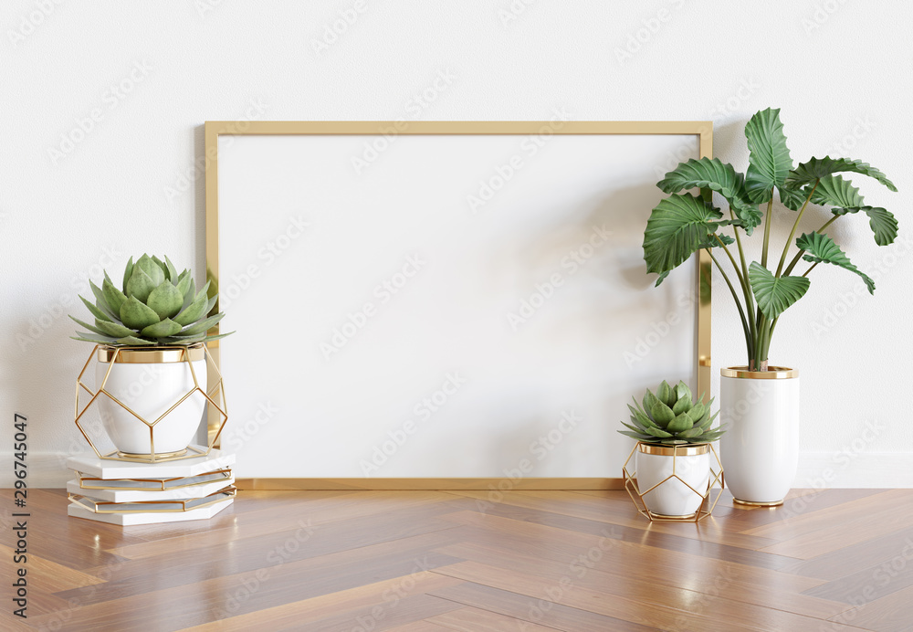 Wooden frame leaning in bright white interior with plants and decorations mockup 3D rendering