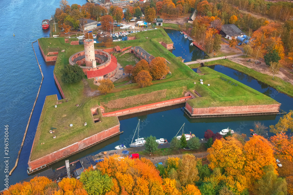 Wisloujscie fortress in autumnal scenery in Gdansk, Poland. Aerial view