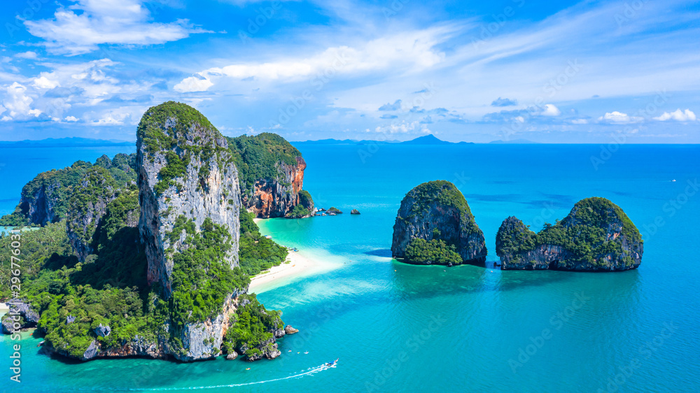 Aerial view Railay Beach and Phra Nang Cave Beach in beautiful bay in Krabi province, tropical coast