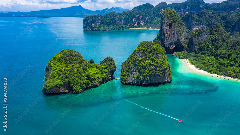 Aerial view Railay Beach and Phra Nang Cave Beach in beautiful bay in Krabi province, tropical coast