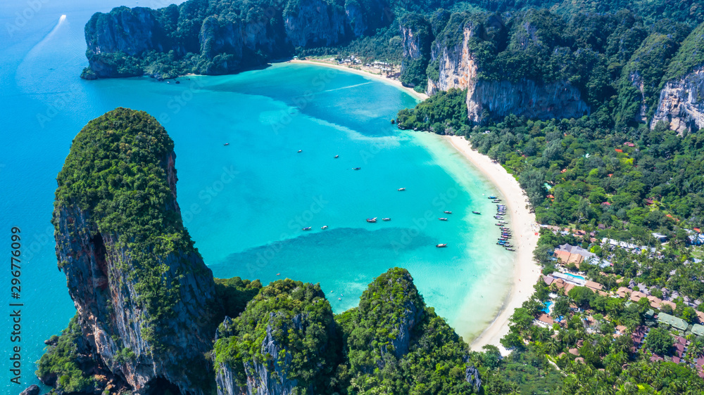 Aerial view Railay Beach and Phra Nang Cave Beach in beautiful bay in Krabi province, tropical coast