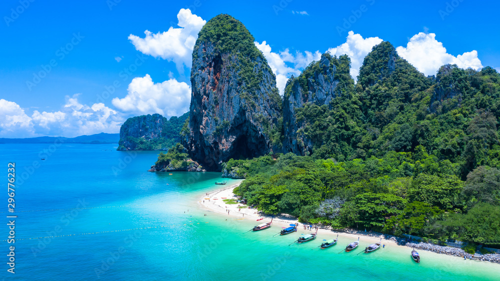 Aerial view Phra Nang Cave Beach with traditional long tail boat on Ao Phra Nang Beach, Railay Bay, 