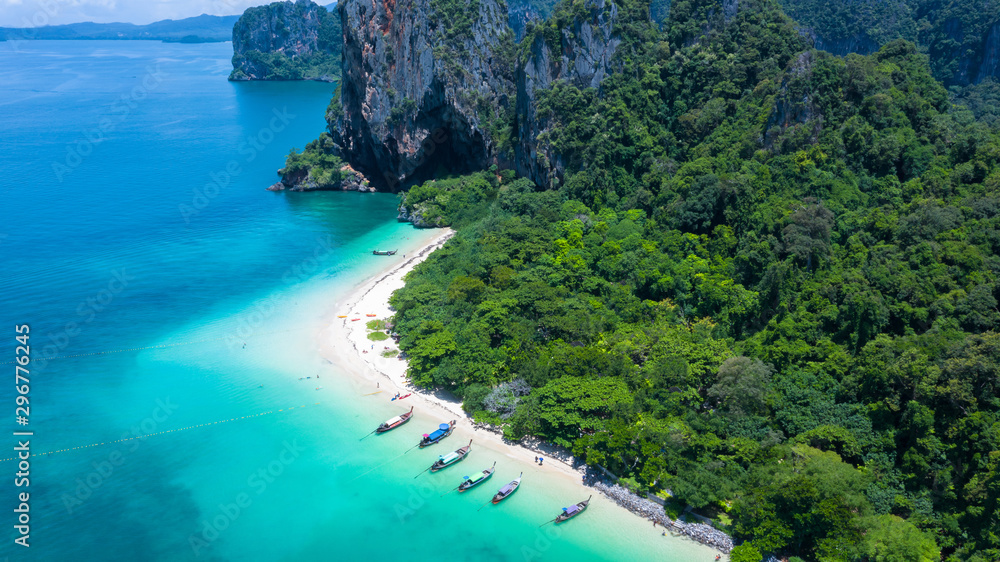 Aerial view Phra Nang Cave Beach with traditional long tail boat on Ao Phra Nang Beach, Railay Bay, 