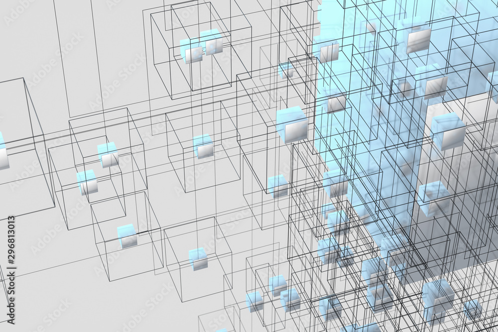 技术背景由立方体和线条组成，三维渲染。