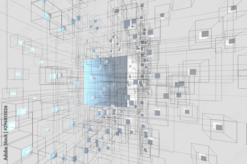 技术背景由立方体和线条组成，三维渲染。