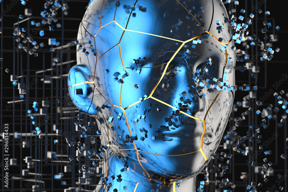 Blue metal human head with particles, 3d rendering.