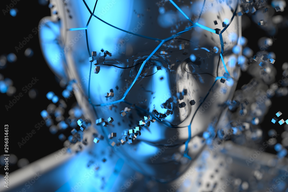 Blue metal human head with particles, 3d rendering.