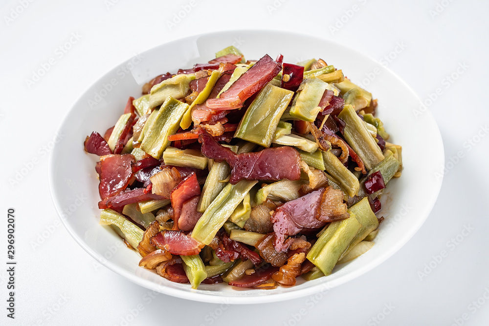 Chinese Hunan cuisine, a dish, a dish of tribute fried pork on a white background