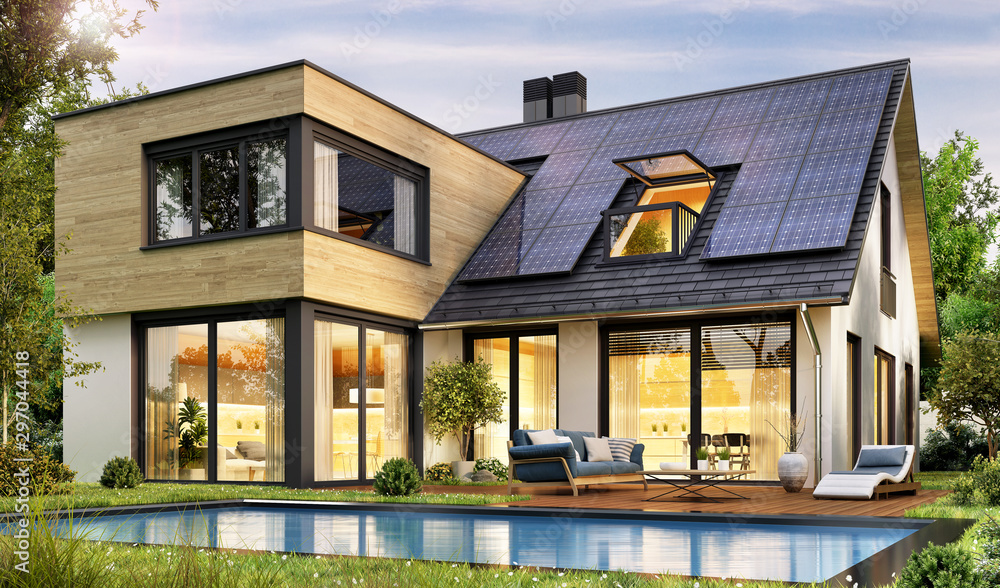 Modern house with solar panels and pool