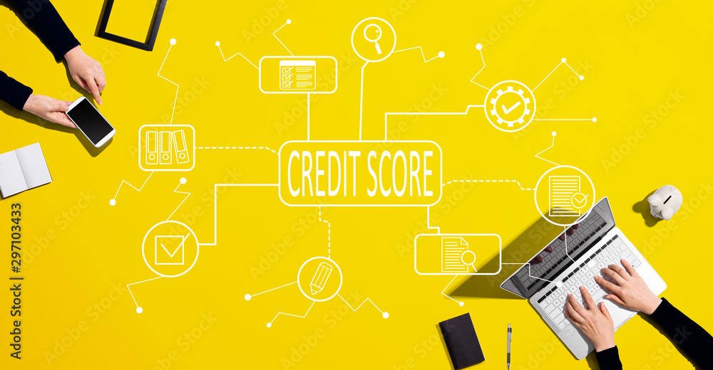 Credit score theme with people working together with laptop and phone