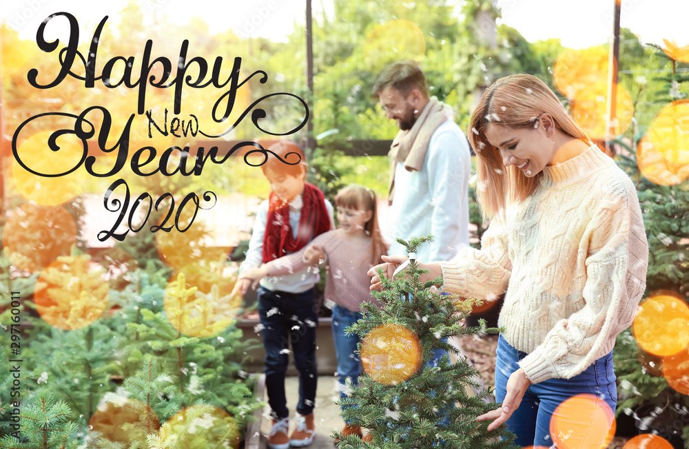 Family choosing Christmas tree in greenhouse