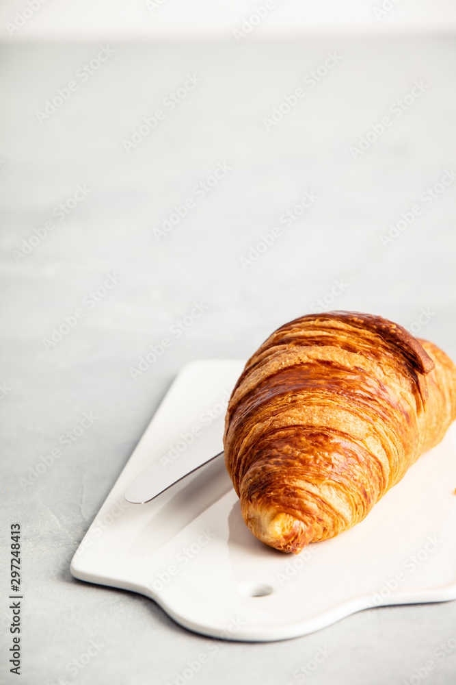 fresh croissant on white ceramic board, close up