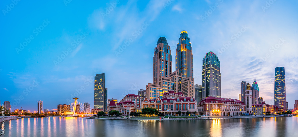 Night view of modern architectural landscape in Tianjin..