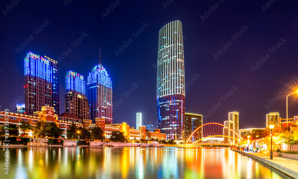 Night view of modern architectural landscape in Tianjin..