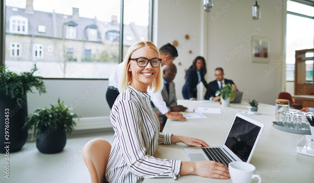 Smiling businesswoman working on a laptop in an office boardroom