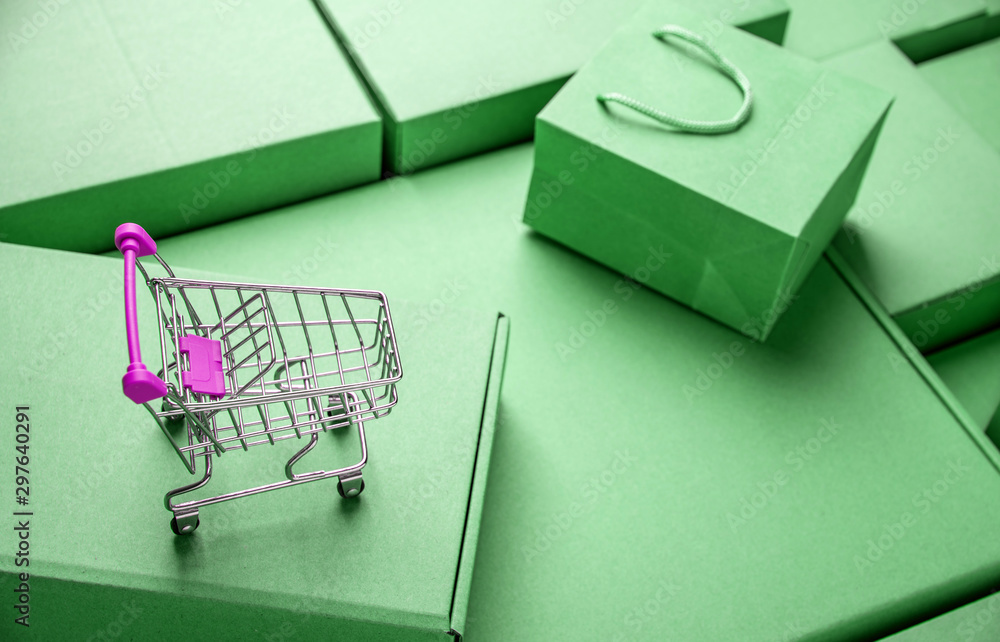 Express box paper box and shopping cart consumption shopping concept illustration stylish colorful p