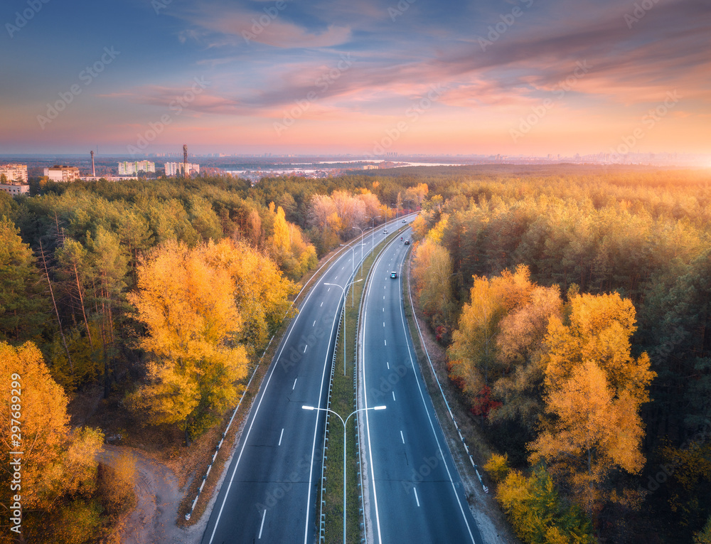 日落时分，美丽的秋林中的道路鸟瞰图。空旷的高速公路上五颜六色的景观，tre