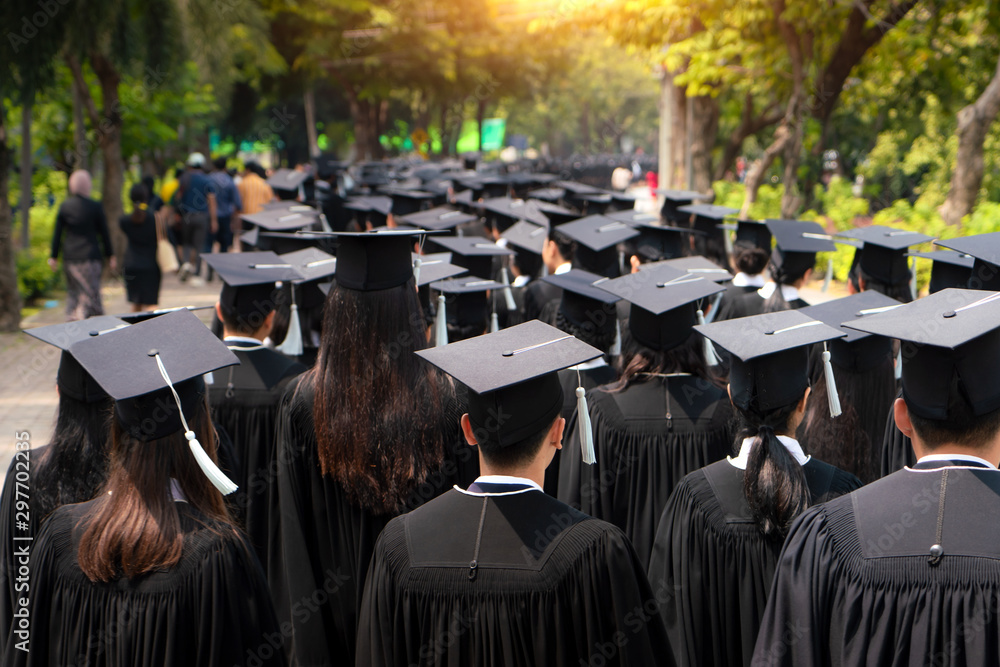 一群穿着黑色礼服的大学毕业生在大学毕业典礼上排队攻读学位的背影