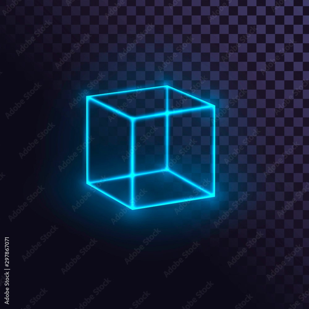 Glowing blue neon cube, futuristic box or block, laser cube on transparent background